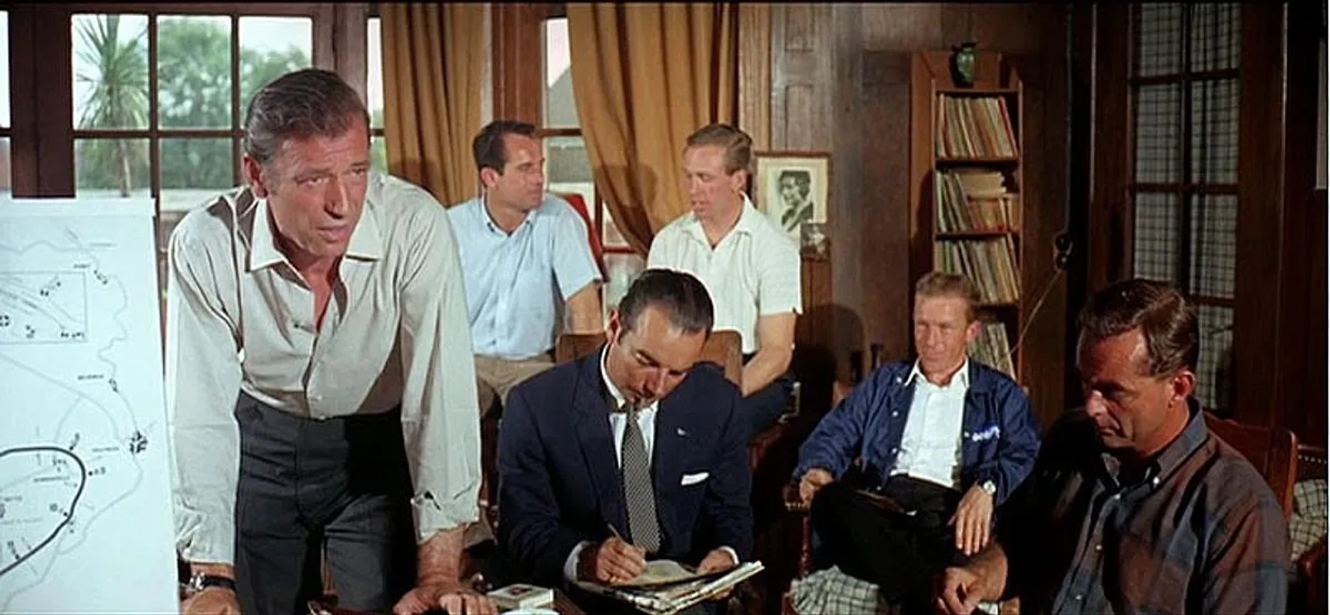 Bob Bondurant, Bernard Cahier, Richie Ginther, Phil Hill, Yves Montand, and Mike Spence in Grand Prix (1966)