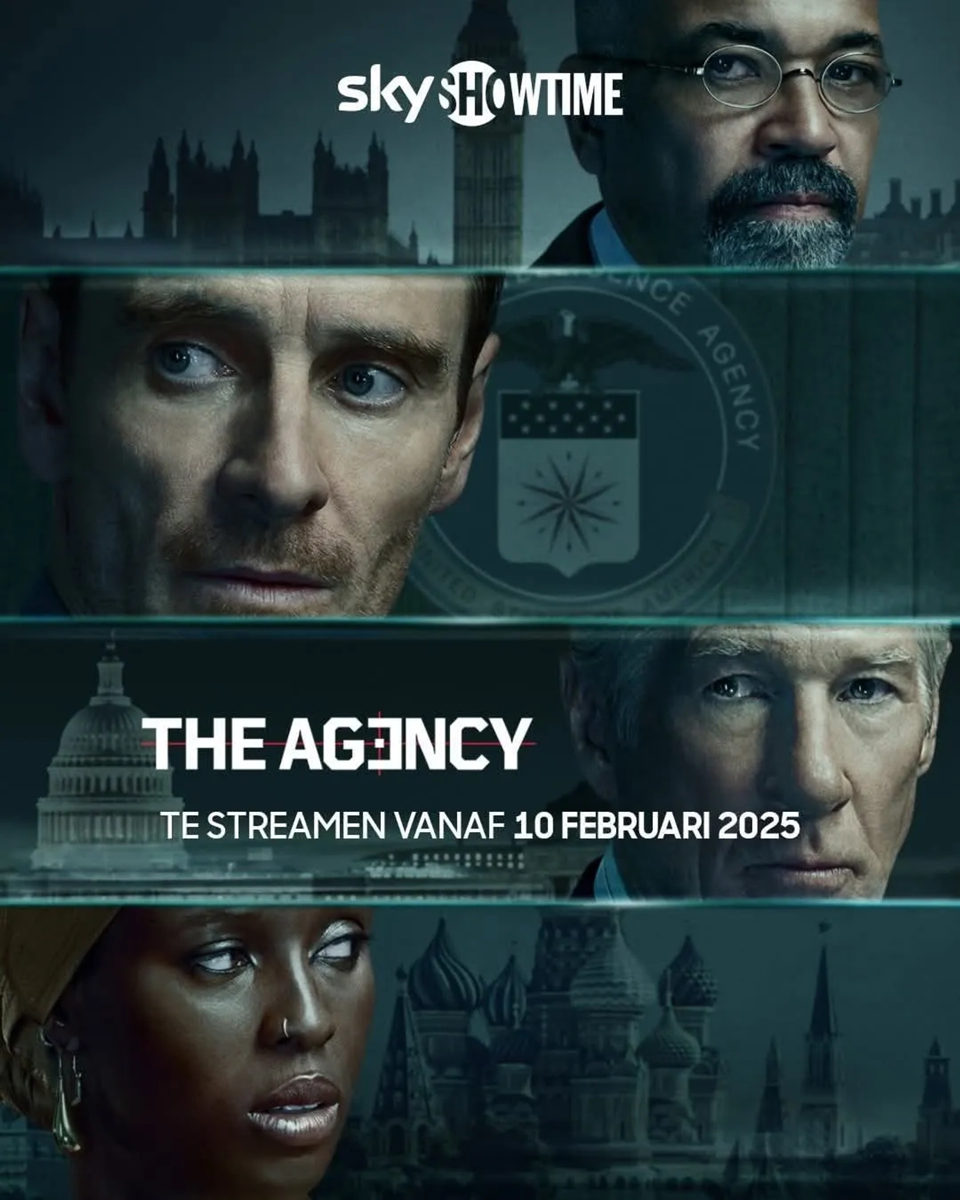 Richard Gere, Jeffrey Wright, Michael Fassbender, and Jodie Turner-Smith in The Agency (2024)