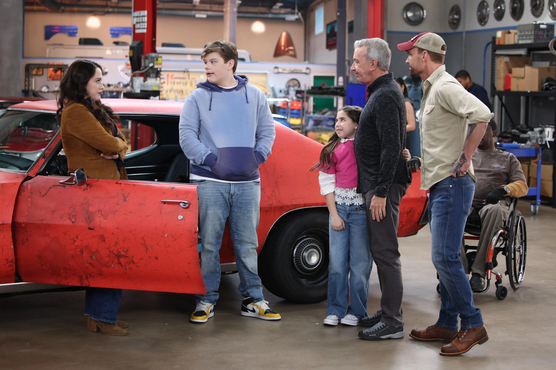 Tim Allen, Seann William Scott, Kat Dennings, Barrett Margolis, and Maxwell Simkins in Shifting Gears (2025)