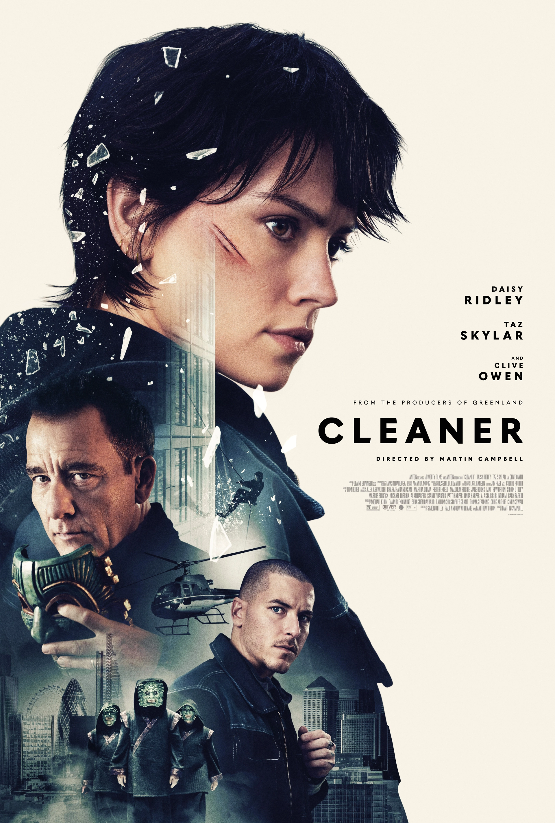 Clive Owen, Daisy Ridley, and Taz Skylar in Cleaner (2025)