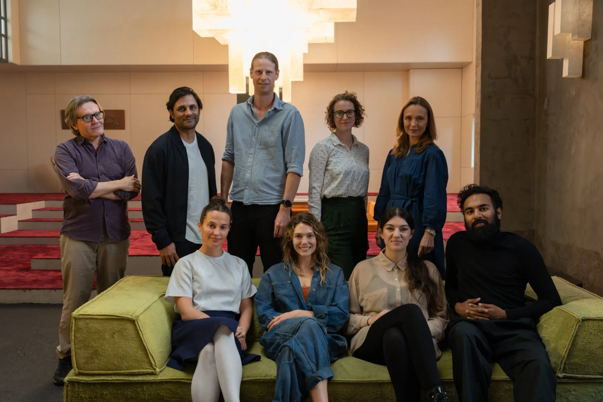 Elizabeth Olsen, Stephen Woolley, Alicia Vikander, Himesh Patel, and Jonas Katzenstein in The Assessment (2024)