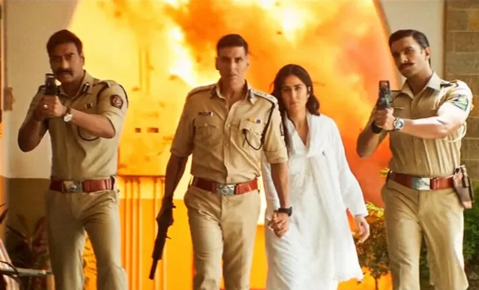 Ajay Devgn, Akshay Kumar, Katrina Kaif, and Ranveer Singh in Sooryavanshi (2021)