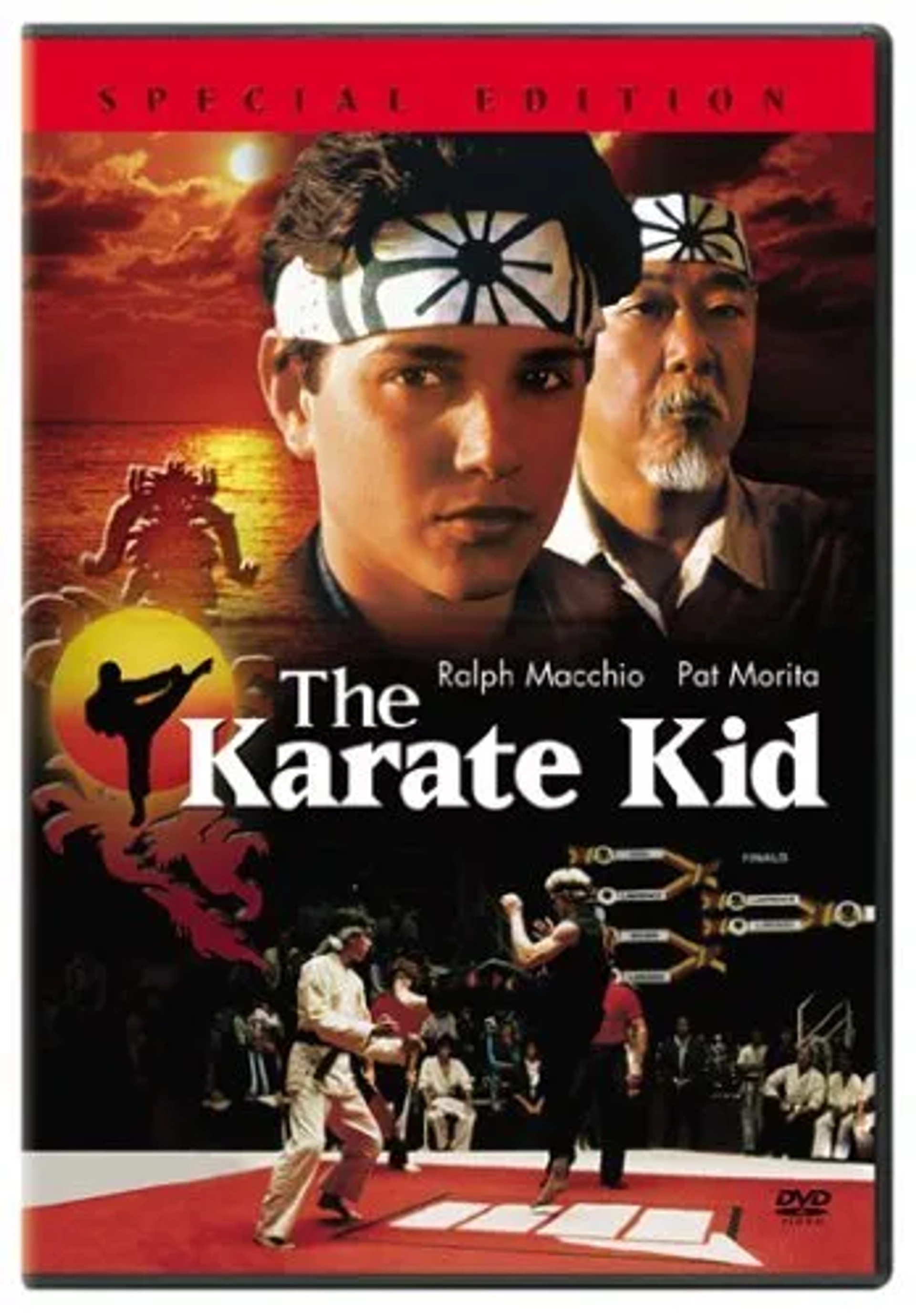 Ralph Macchio, Pat Morita, and William Zabka in The Karate Kid (1984)