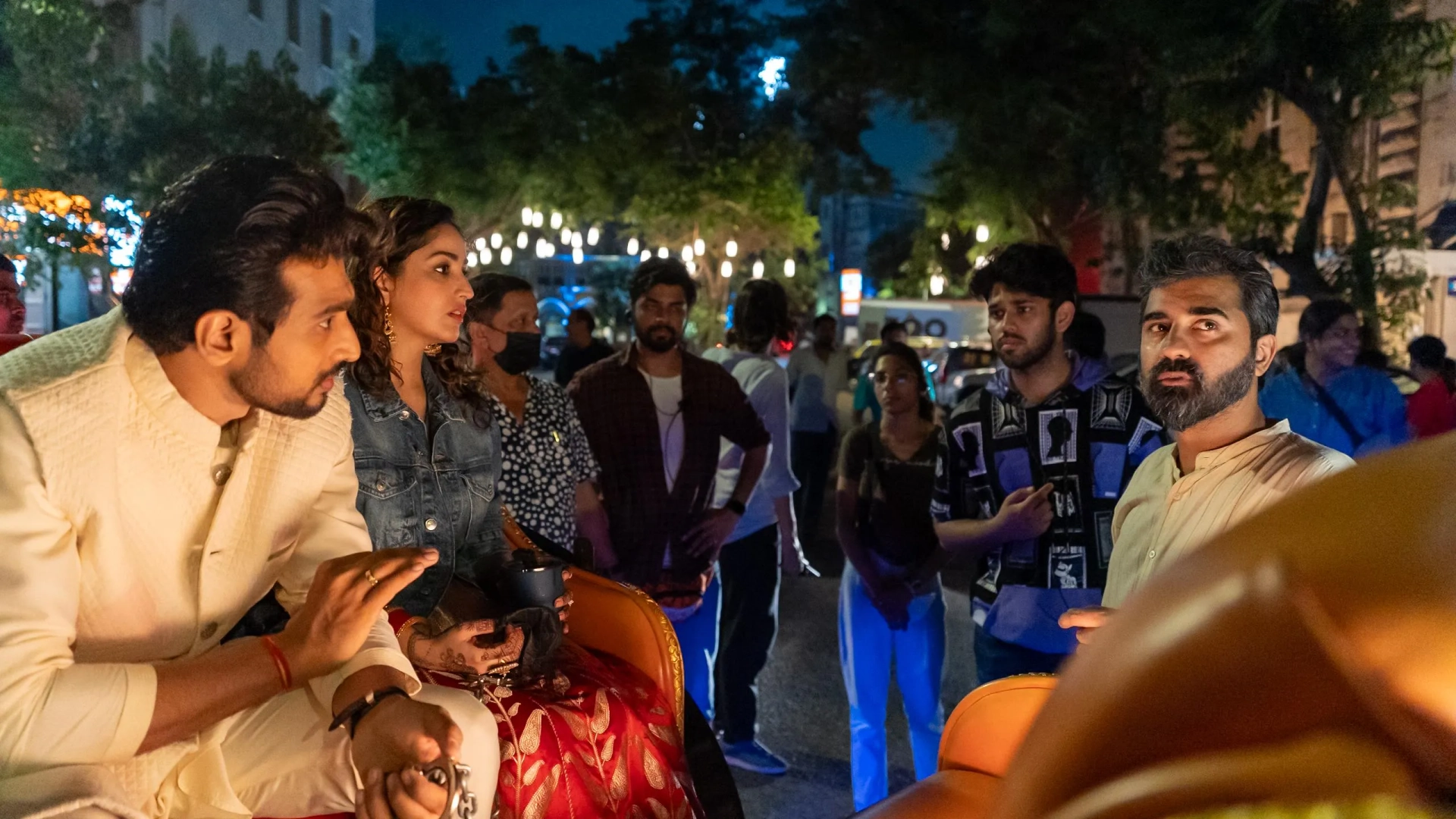 Pratik Gandhi, Rishab Seth, and Yami Gautam in Dhoom Dhaam (2025)