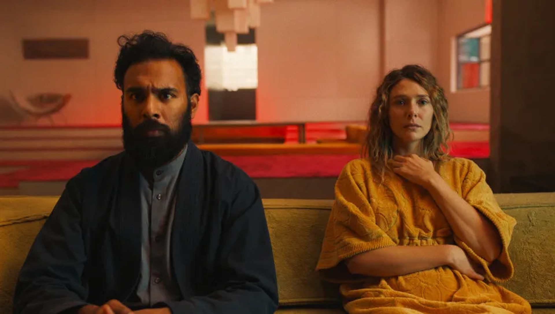 Elizabeth Olsen and Himesh Patel in The Assessment (2024)