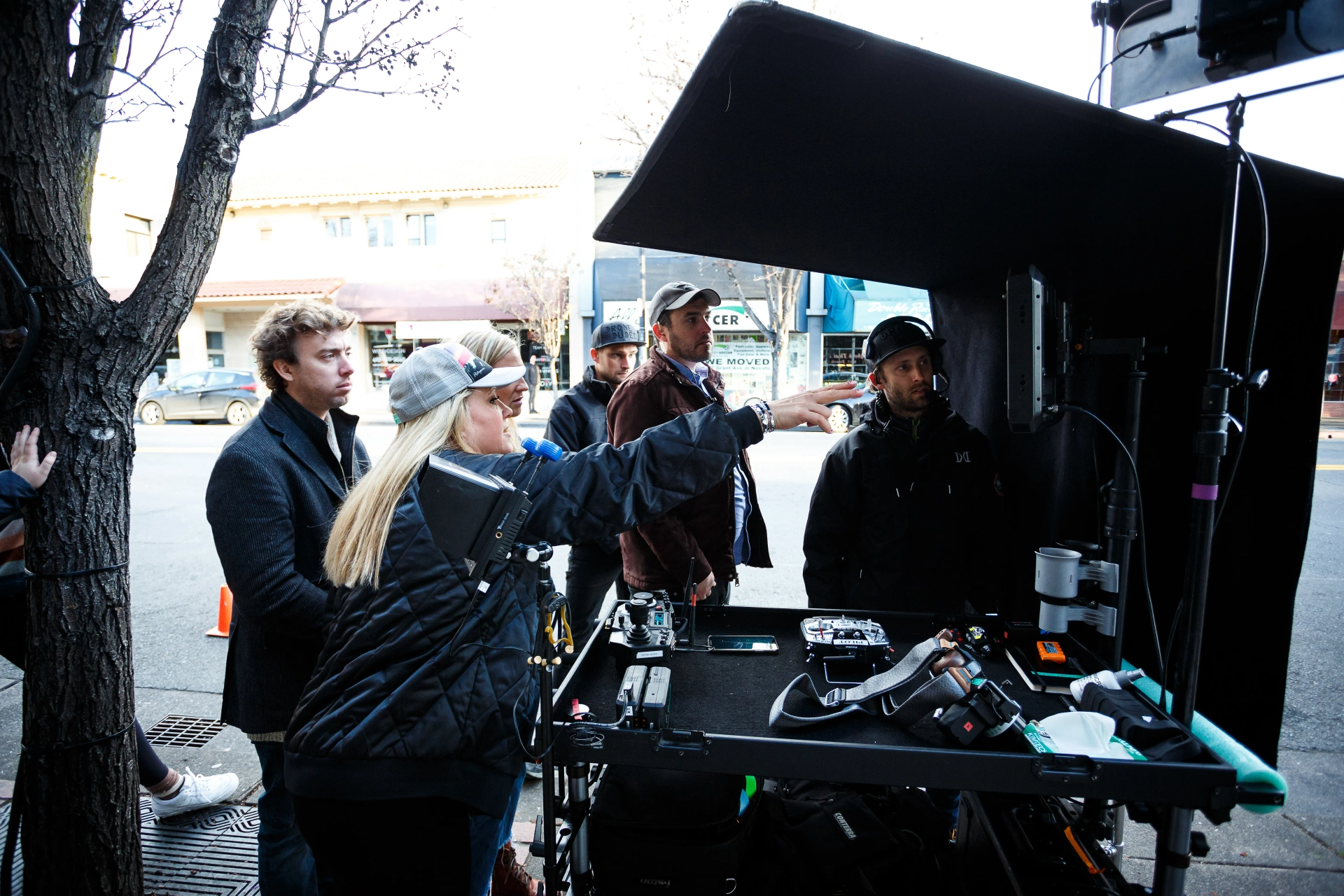 Anna Elizabeth James on the set of Deadly Illusions shooting the opening sequence at Copperfield's Book Store, San Rafael with Drone Team, Aerial DP Andrew Petersen, 1st AC Bryan Cheney, 2nd Unit Director Jonny Zeller, Co-Producer Julie Gause, and 2nd Unit Assistant Director Alex Gilbert.