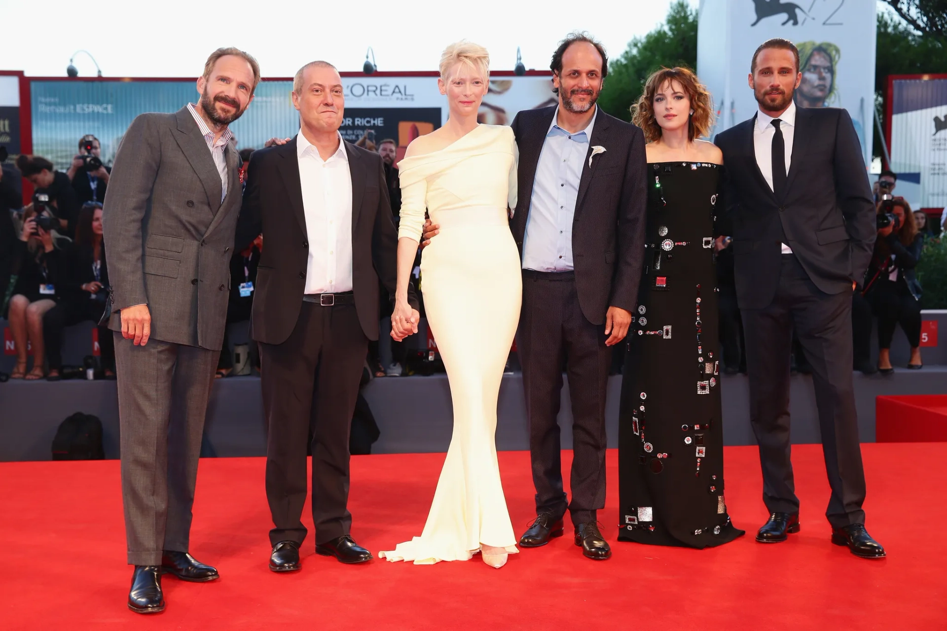 Ralph Fiennes, Luca Guadagnino, Corrado Guzzanti, Dakota Johnson, Matthias Schoenaerts, and Tilda Swinton at an event for A Bigger Splash (2015)