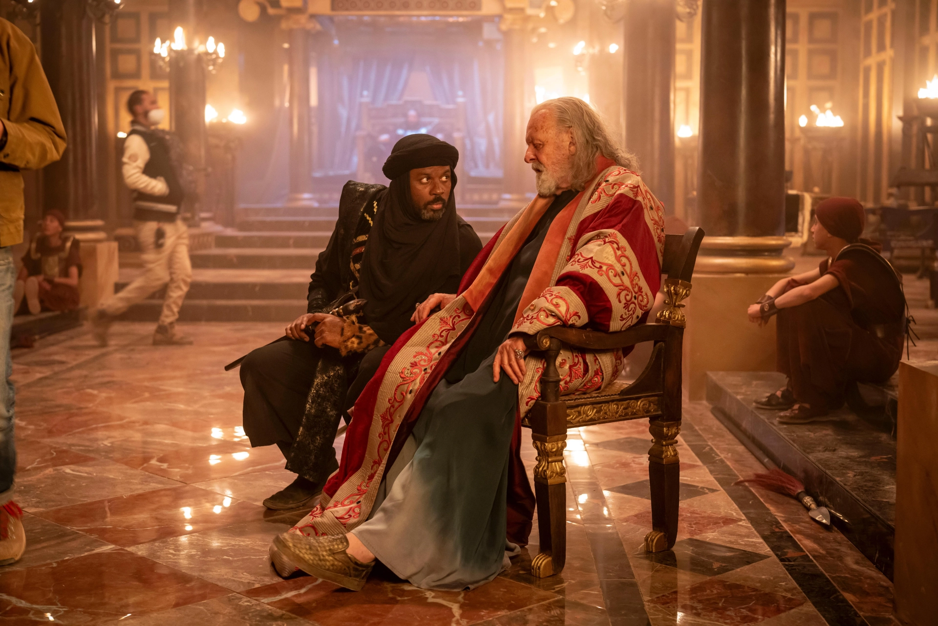 Kamal Moummad (VIHAAN) on set with Sir. Anthony Hopkins (KING HEROD) in MARY; directed by D.J. Caruso. Written by Timothy Michael Hayes. Produced by Mary Aloe, Hannah Leader, and Amory Leader. MARY is now streaming on NETFLIX.