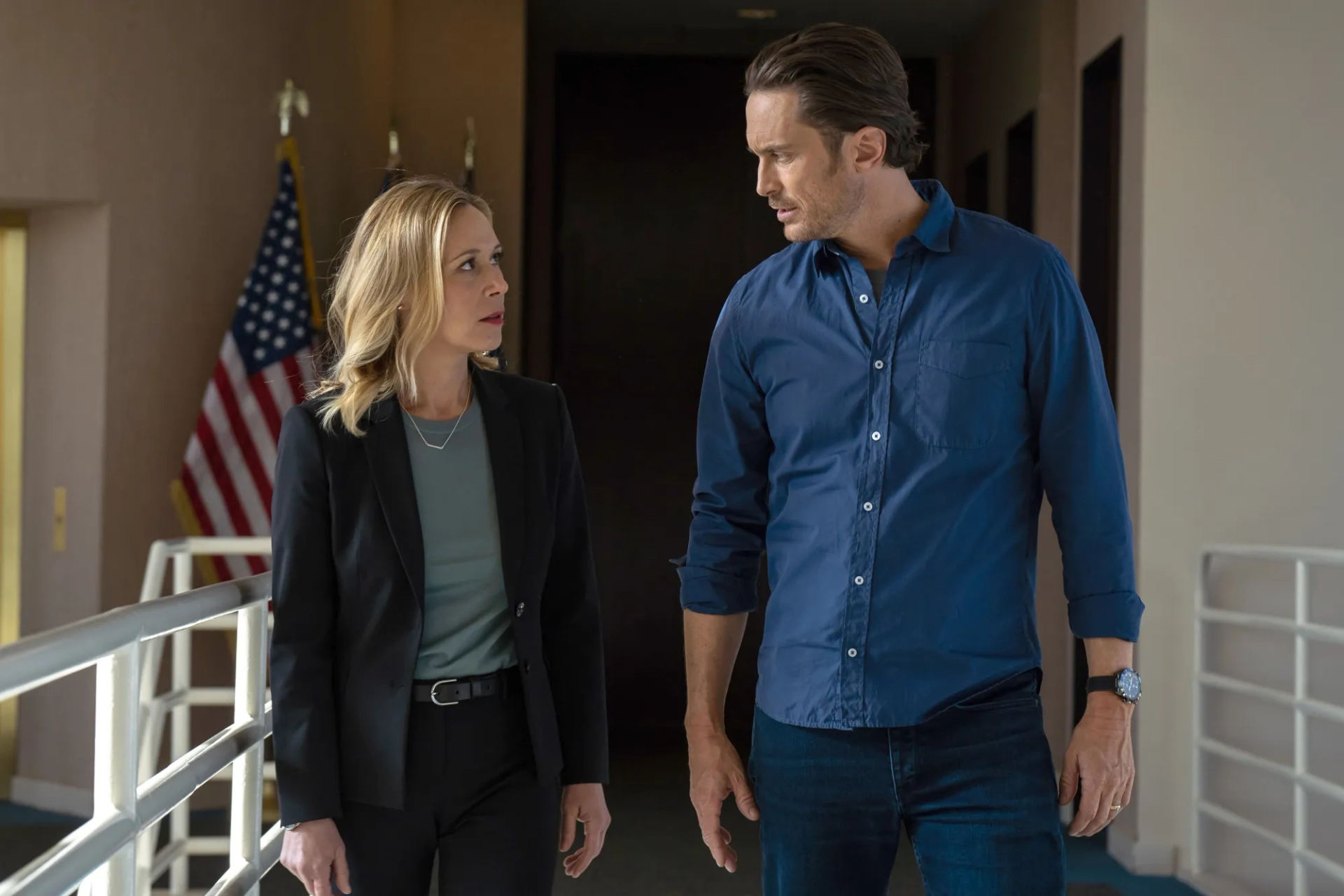 Oliver Hudson and Liza Weil in The Cleaning Lady (2022)