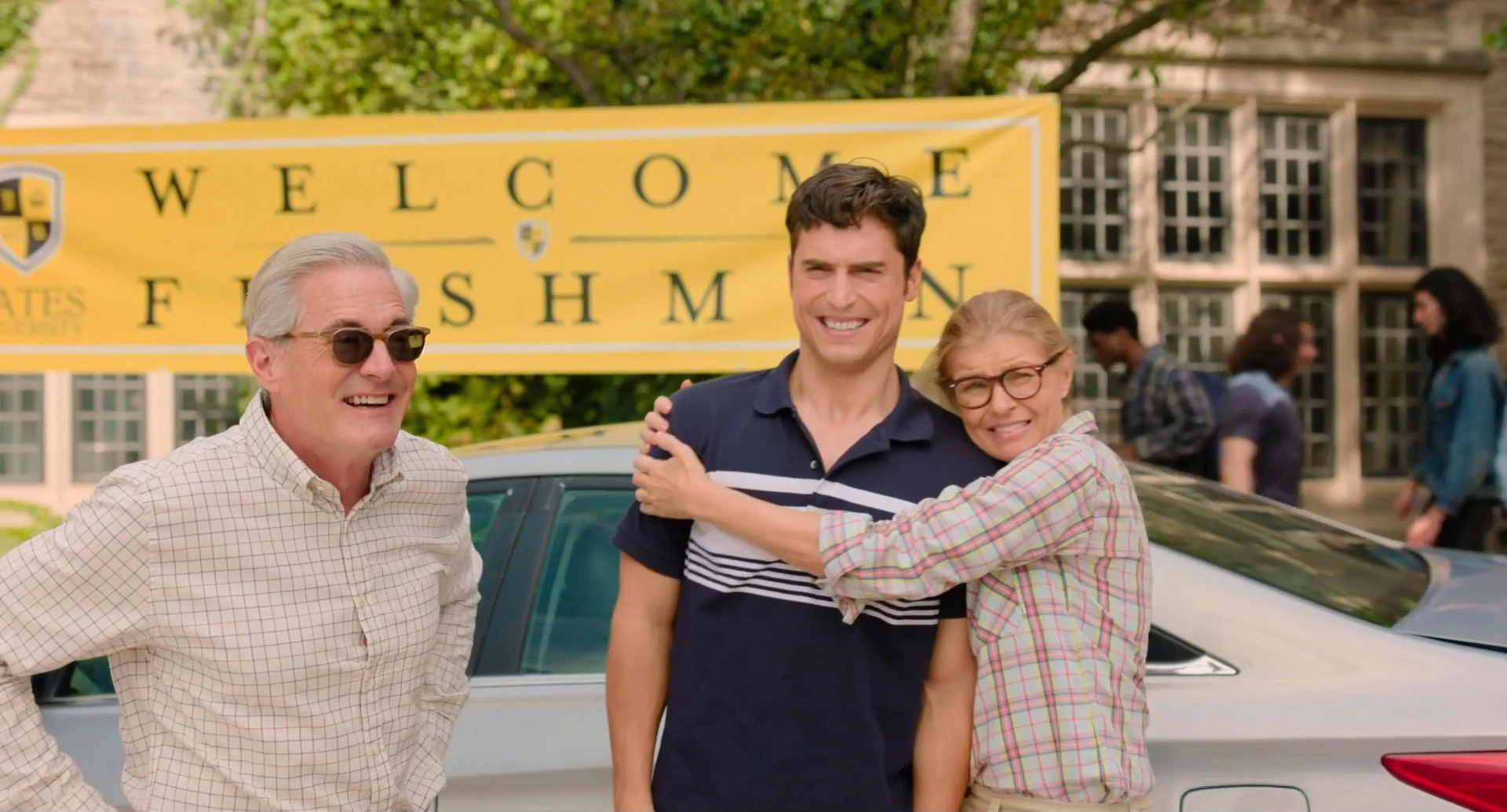 Kyle MacLachlan, Connie Britton, and Benito Skinner in Overcompensating (2025)