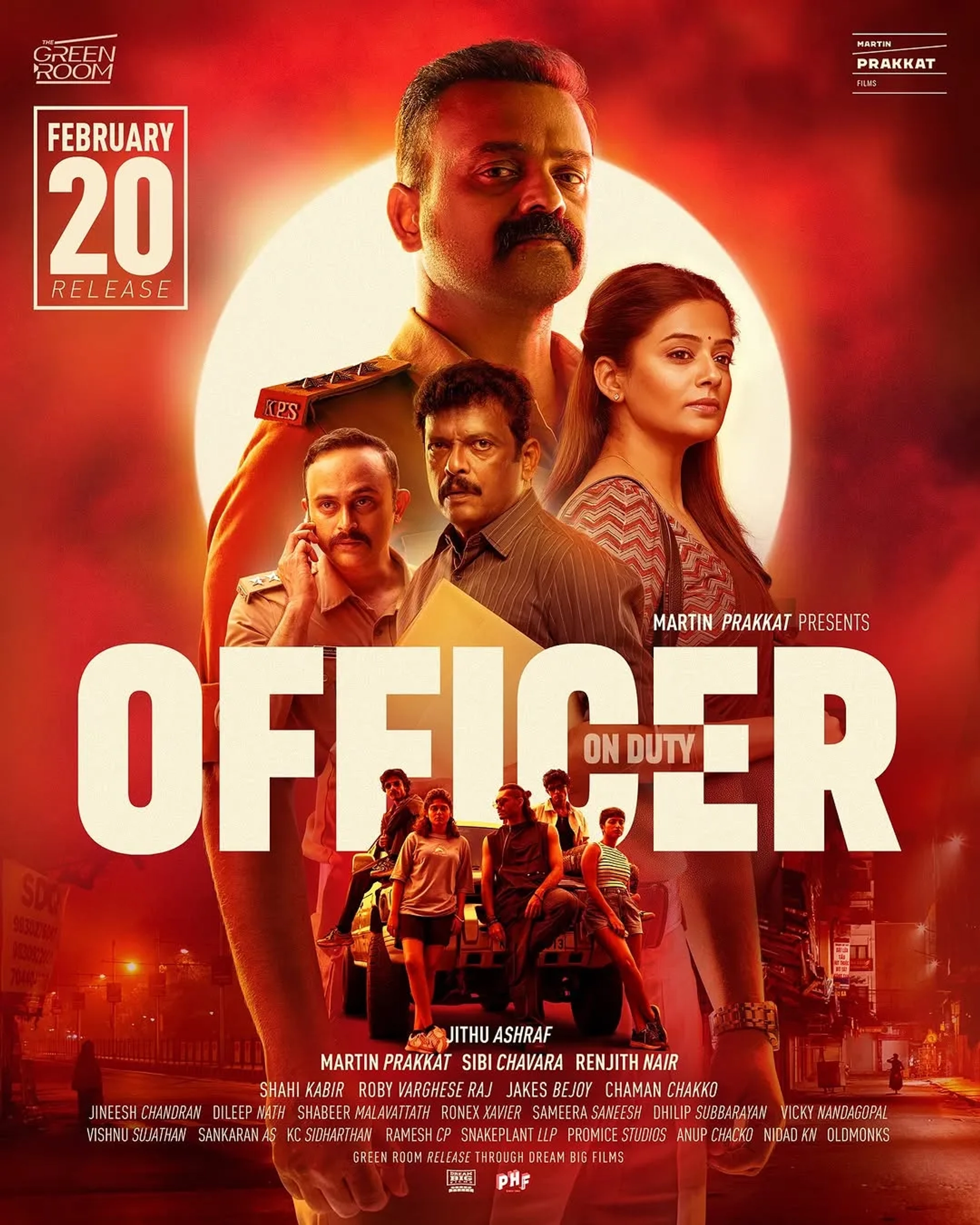 Kunchacko Boban, Vaisakh Shankar, Leya Mammen, Vishnu G Varrier, Priyamani, Amit Eapen, Aiswarya Raj, and Vishak Nair in Officer on Duty (2025)