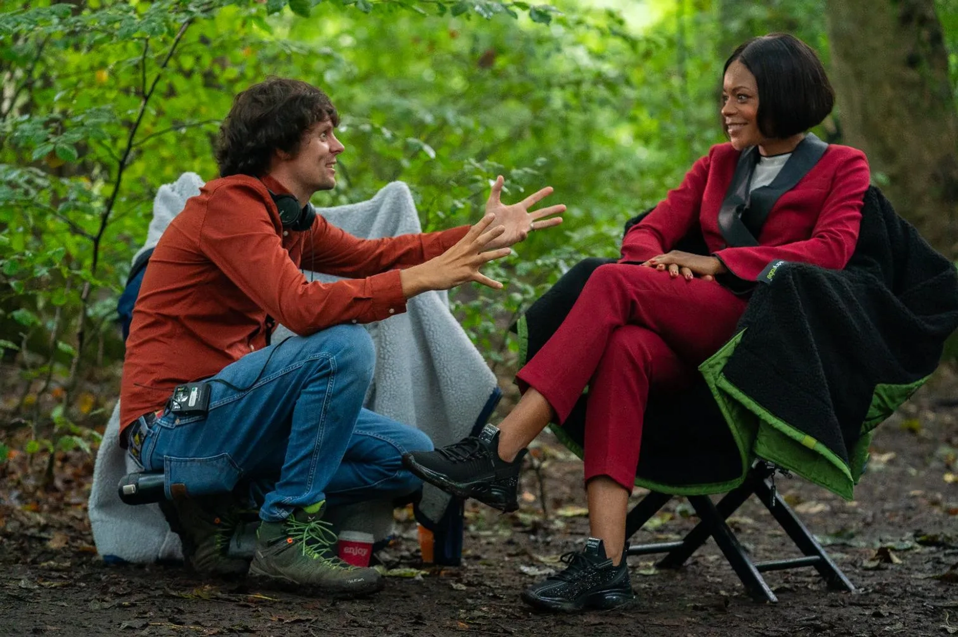 On set directing ROBIN AND THE HOODS with Naomie Harris