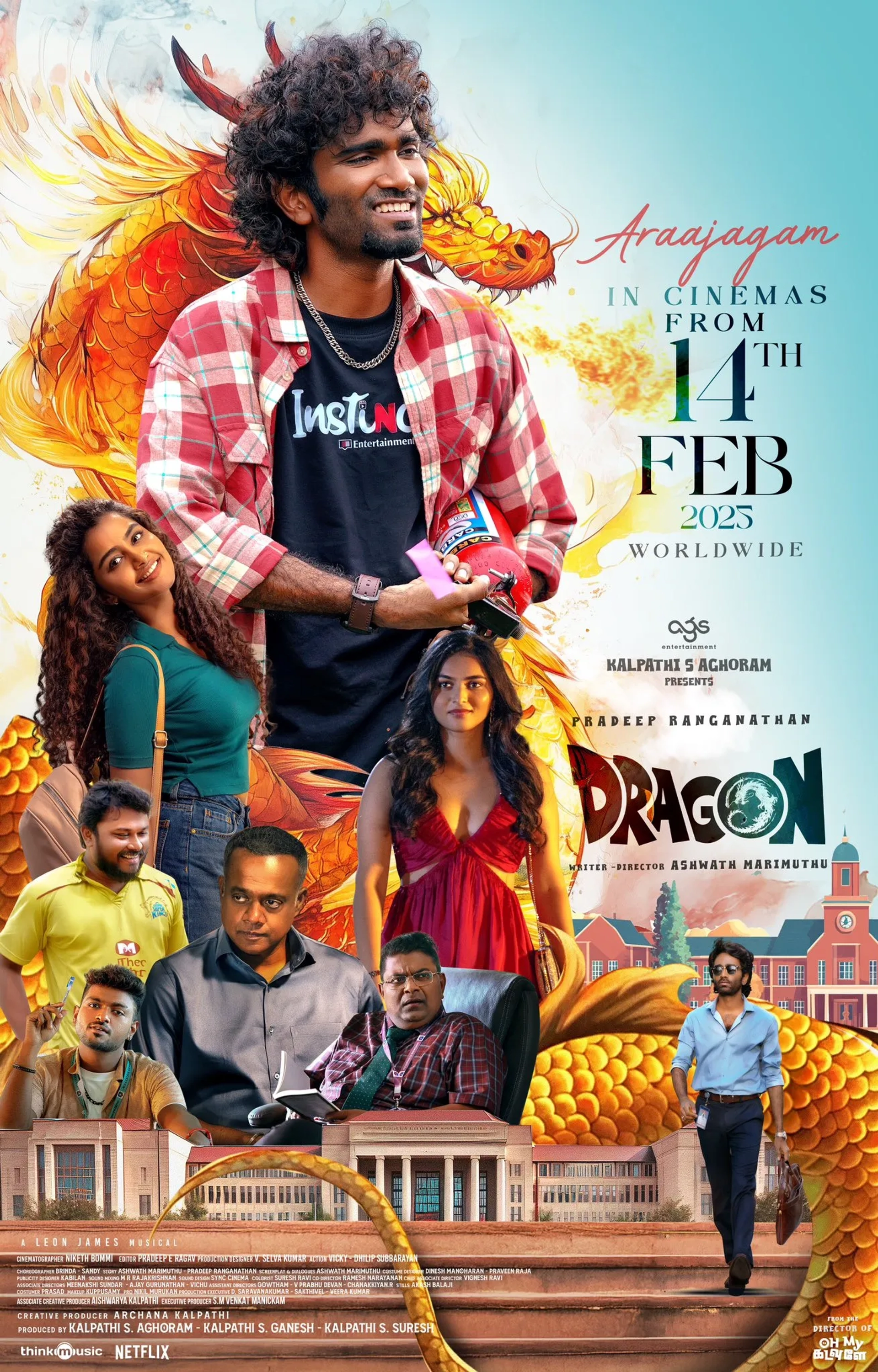 K.S. Ravikumar, Archana Kalpathi, Gautham Vasudev Menon, Pradeep Ranganathan, Ashwath Marimuthu, Kabilan, Kayadu Lohar, VJ Siddhu, Aishwarya Kalpathi, Harshath Khan, Hemanth, Selva Karthick, V. Selvakumar, Kalpathi S. Agoram, Kalpathi S. Suresh, Kalpathi S. Ganesh, Mysskin, Leon James, Anupama Parameswaran, Pradeep E. Ragav, and Niketh Bommi in Dragon (2025)