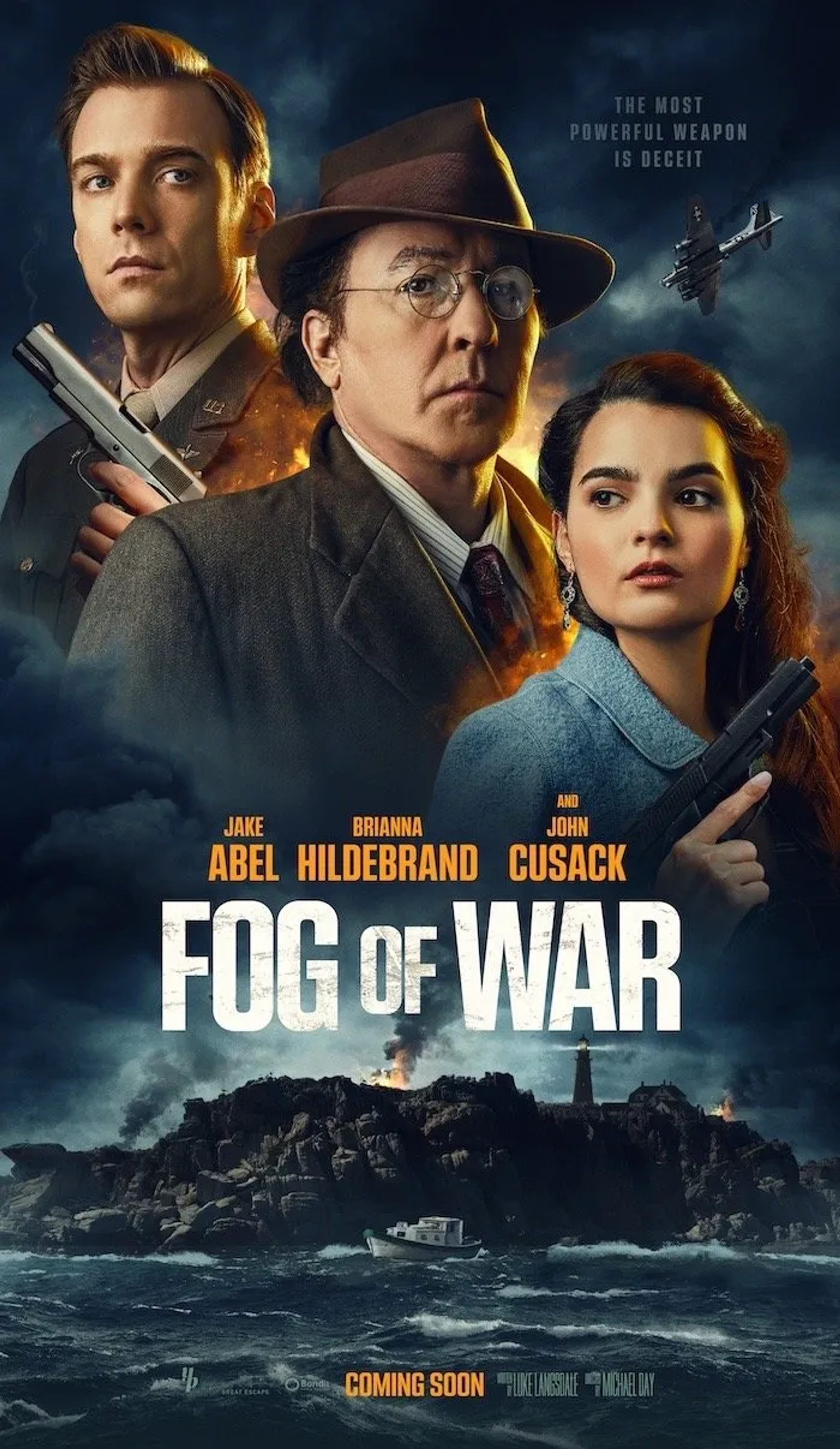 John Cusack, Mira Sorvino, and Jake Abel in Fog of War (2025)
