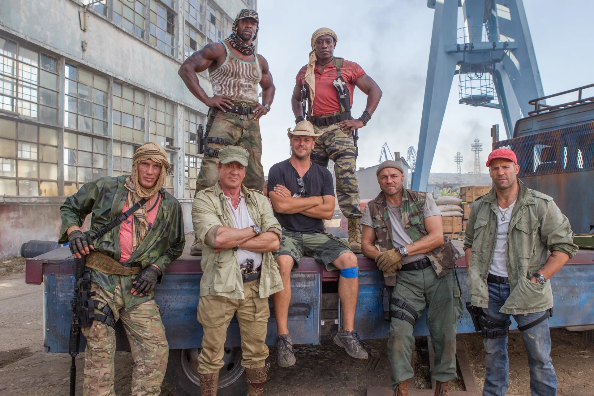 Dolph Lundgren, Sylvester Stallone, Wesley Snipes, Jason Statham, Terry Crews, Patrick Hughes, and Randy Couture in The Expendables 3 (2014)