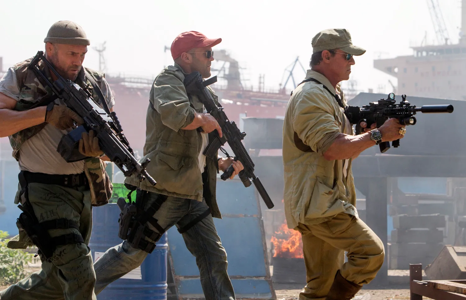 Sylvester Stallone, Jason Statham, and Randy Couture in The Expendables 3 (2014)