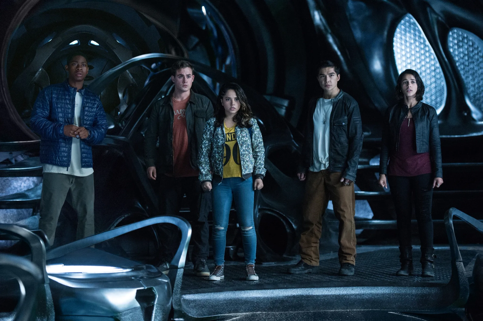Becky G, Ludi Lin, Dacre Montgomery, Naomi Scott, and RJ Cyler in Power Rangers (2017)