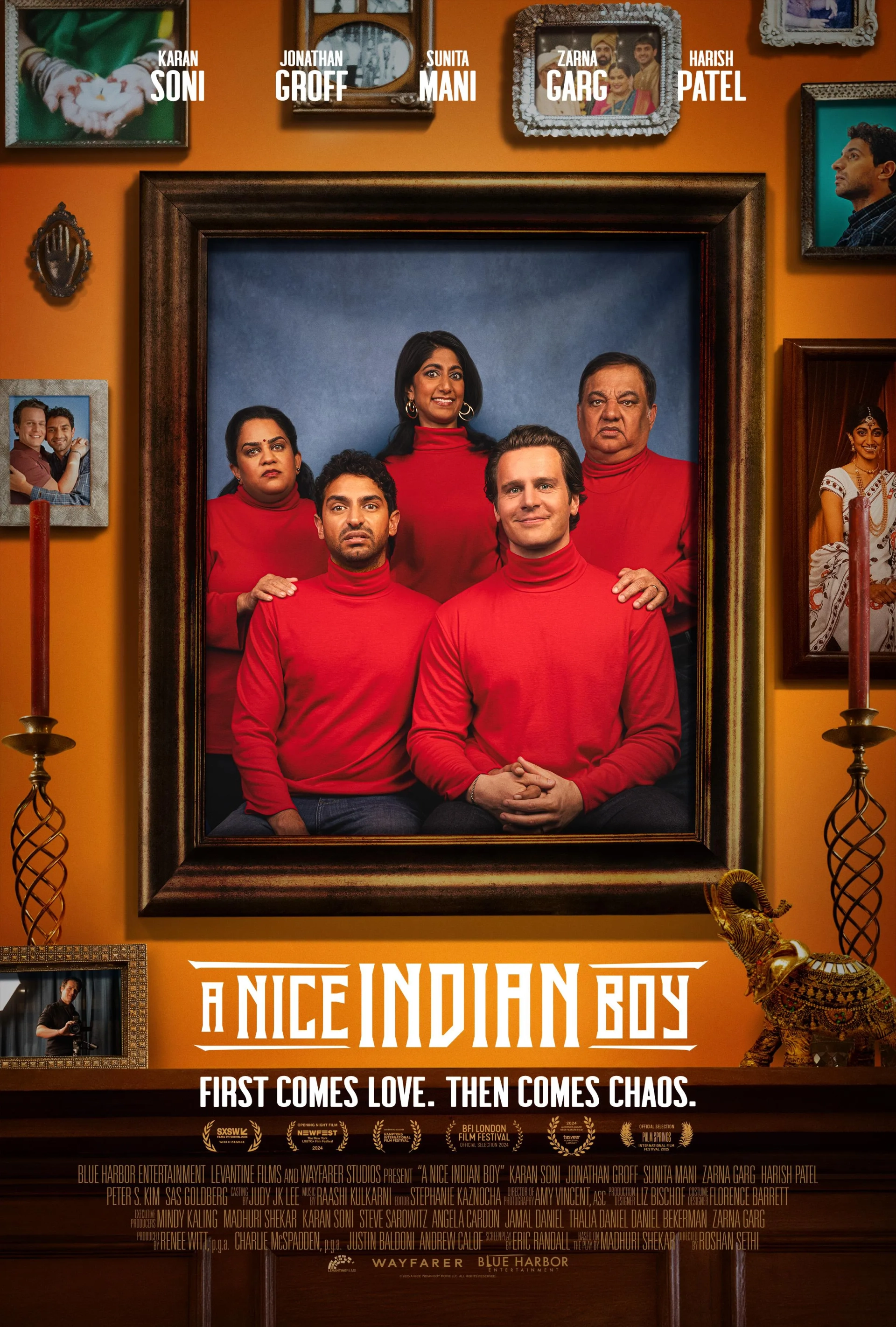 Harish Patel, Zarna Garg, Jonathan Groff, Karan Soni, and Sunita Mani in A Nice Indian Boy (2024)