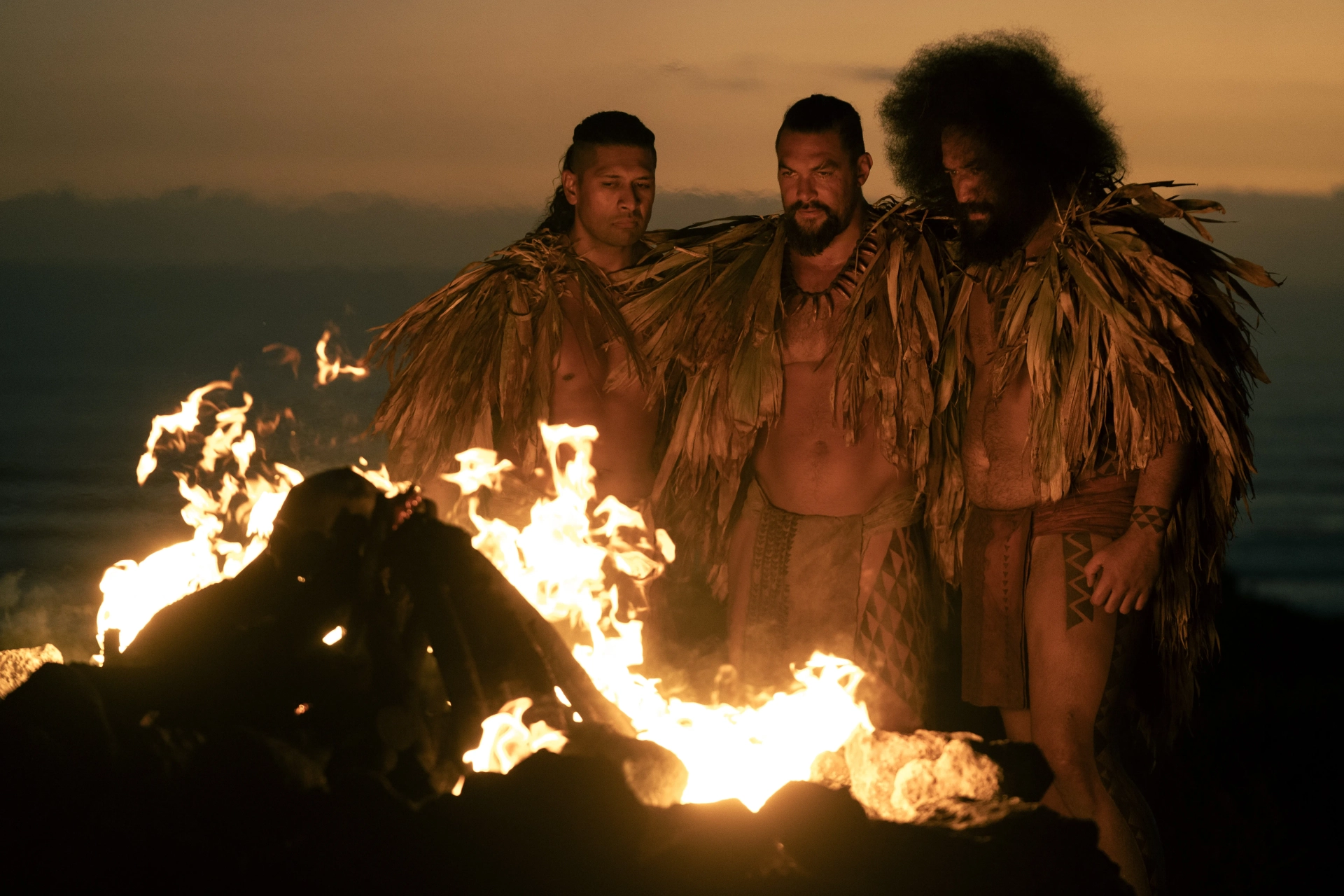 Jason Momoa, Te Kohe Tuhaka, and Siua Ikale'o in Chief of War (2025)