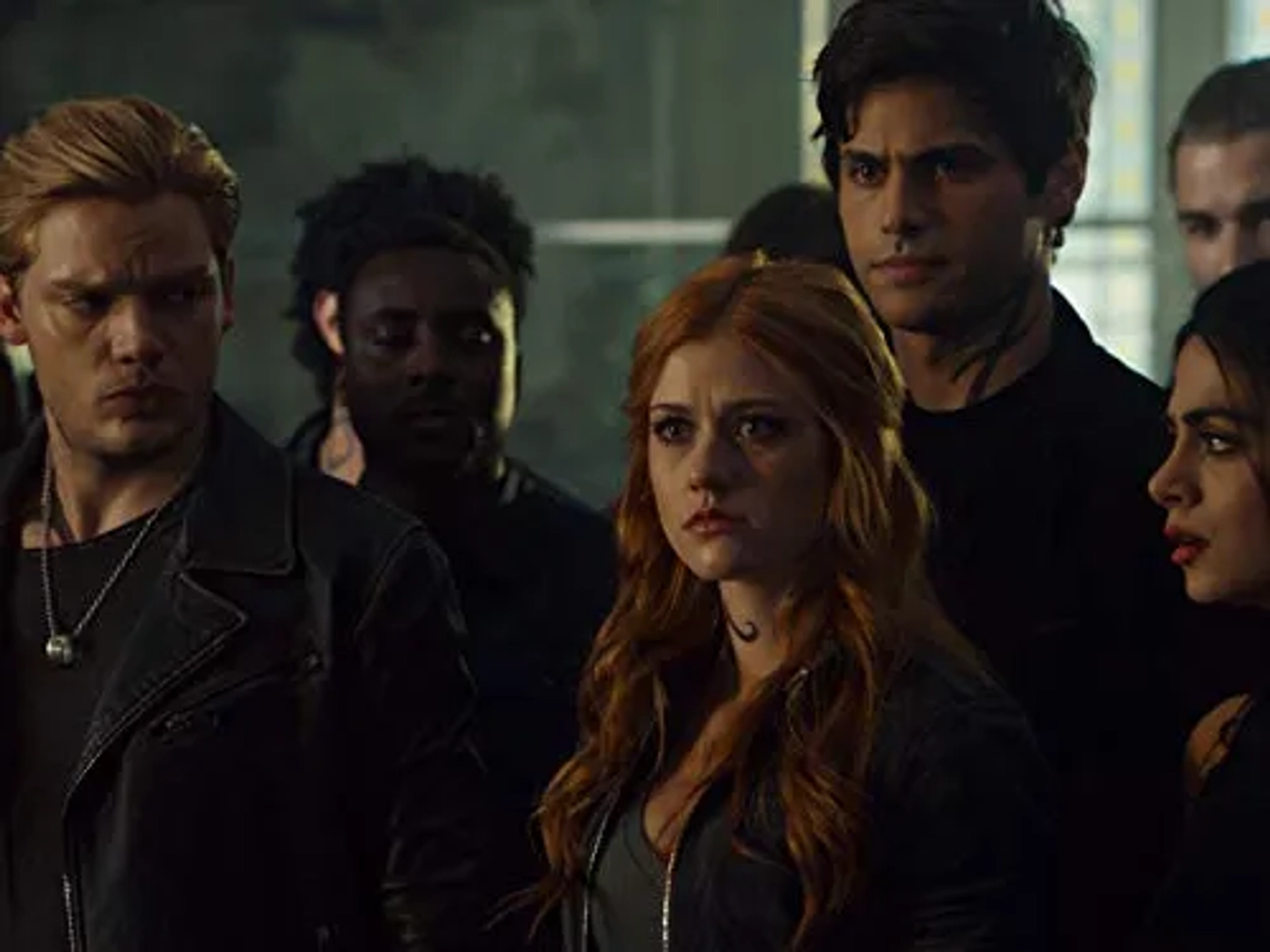 Emeraude Toubia, Katherine McNamara, Dominic Sherwood, and Matthew Daddario in Shadowhunters (2016)