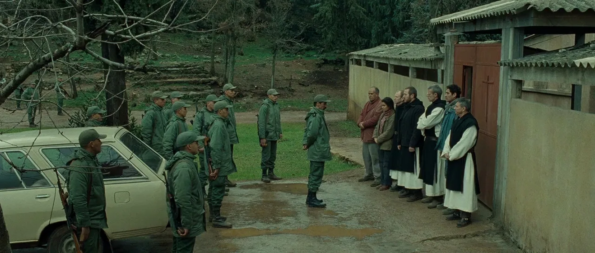 Xavier Maly, Loïc Pichon, Olivier Rabourdin, Lambert Wilson, Sabrina Ouazani, and Abdellah Chakiri in Of Gods and Men (2010)