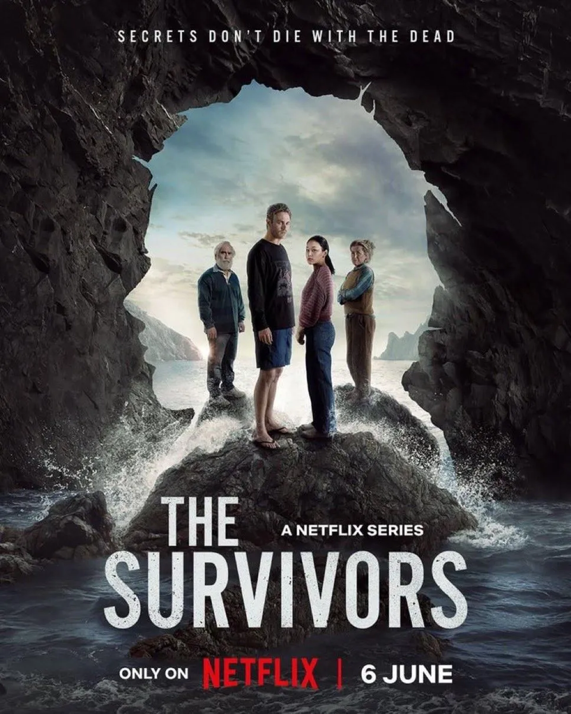 Robyn Malcolm, Damien Garvey, Charlie Vickers, and Yerin Ha in The Survivors (2025)