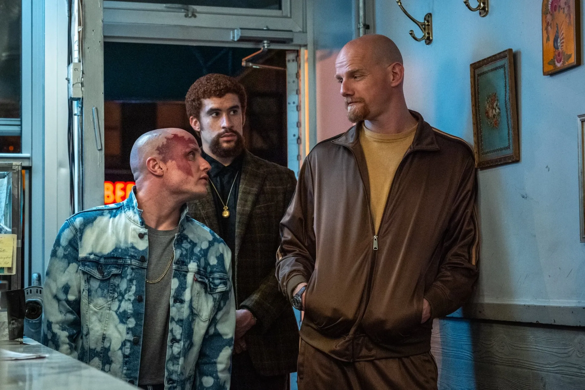 Yuri Kolokolnikov, Nikita Kukushkin, and Bad Bunny in Caught Stealing (2025)