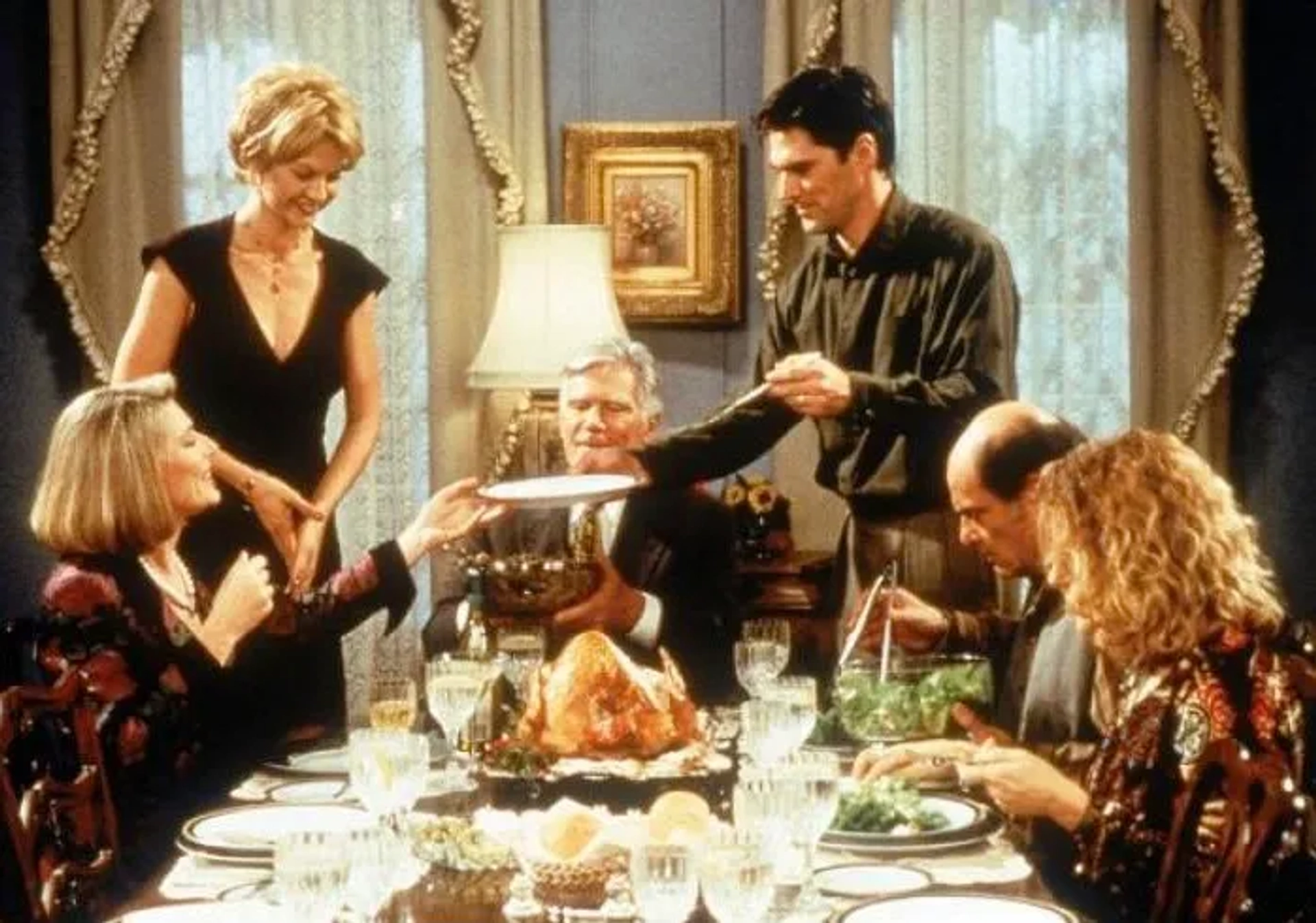 Jenna Elfman, Thomas Gibson, Mimi Kennedy, Alan Rachins, Mitchell Ryan, and Susan Sullivan in Dharma & Greg (1997)