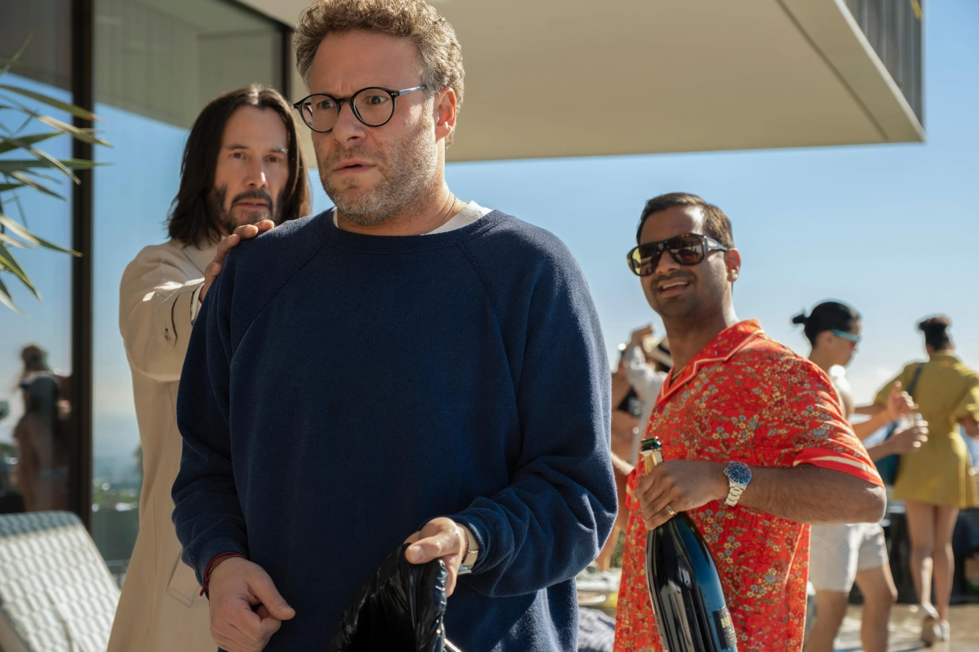 Keanu Reeves, Seth Rogen, and Aziz Ansari in Good Fortune (2025)