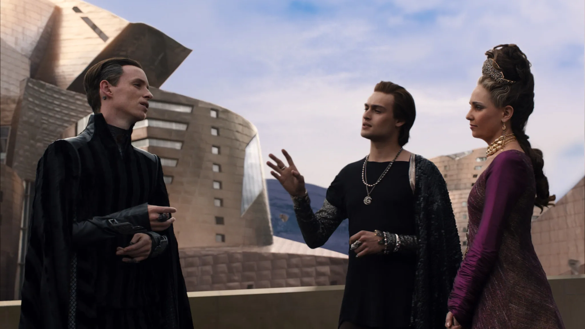 Eddie Redmayne, Tuppence Middleton, and Douglas Booth in Jupiter Ascending (2015)