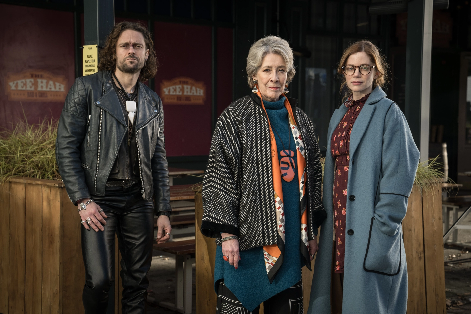 Ben Freeman, Phyllis Logan, and Charlotte Hope in Murder Most Puzzling (2025)