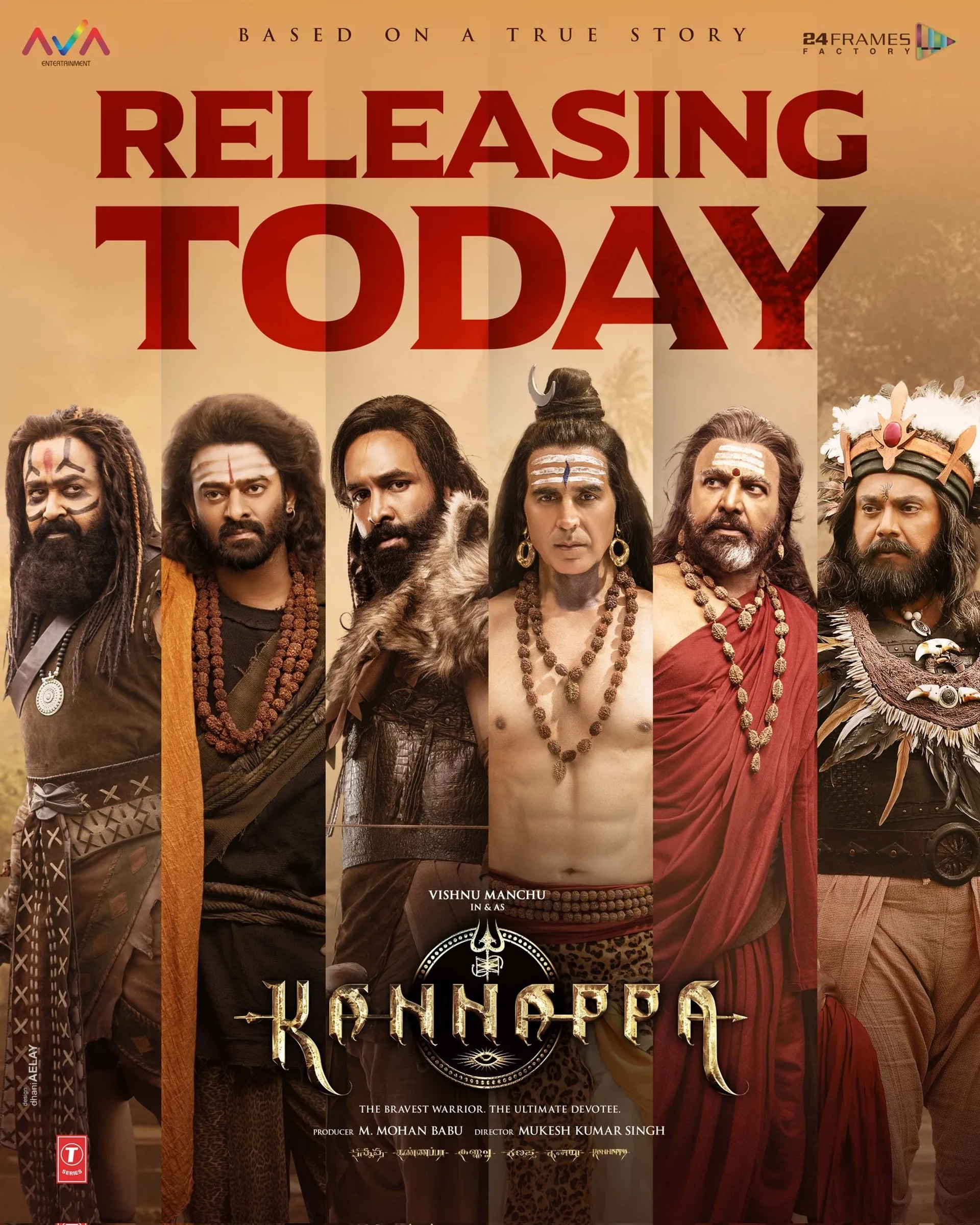 Akshay Kumar, Mohanlal, Mohan Babu, R. Sarathkumar, Prabhas, and Vishnu Manchu in Kannappa (2025)