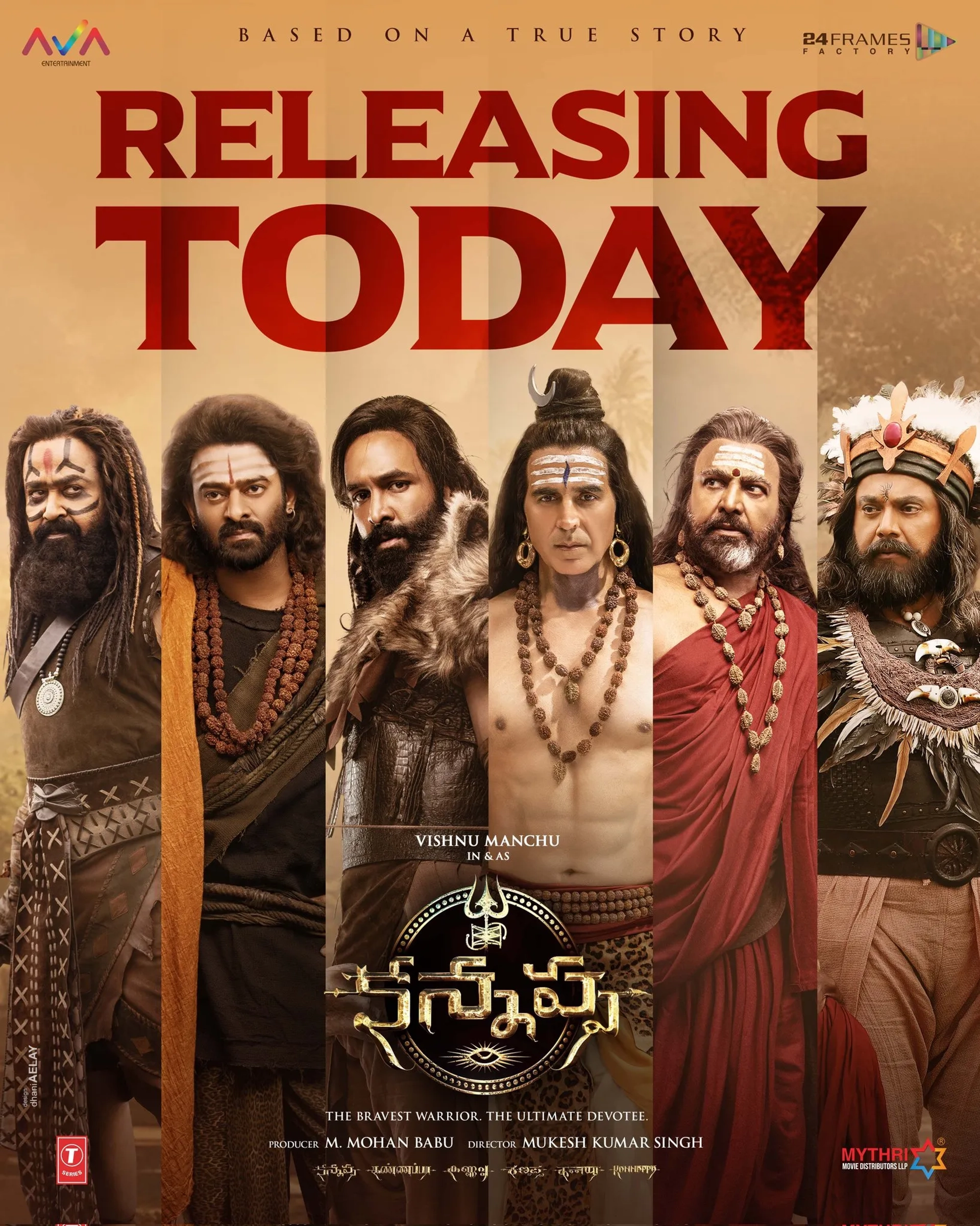 Akshay Kumar, Mohanlal, Mohan Babu, R. Sarathkumar, Prabhas, and Vishnu Manchu in Kannappa (2025)
