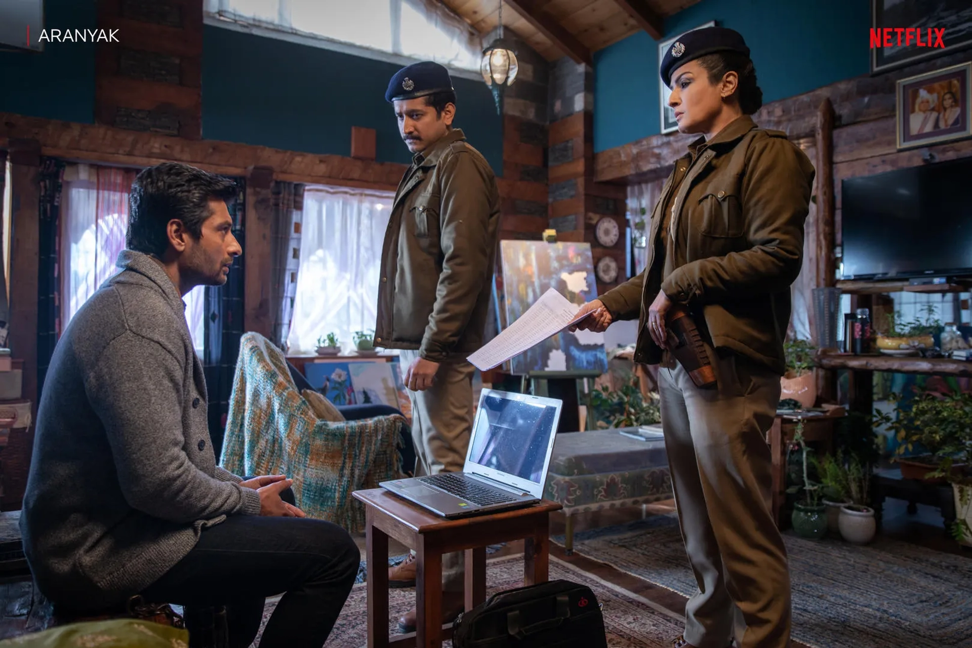 Raveena Tandon, Indraneil Sengupta, and Parambrata Chattopadhyay in Aranyak (2021)