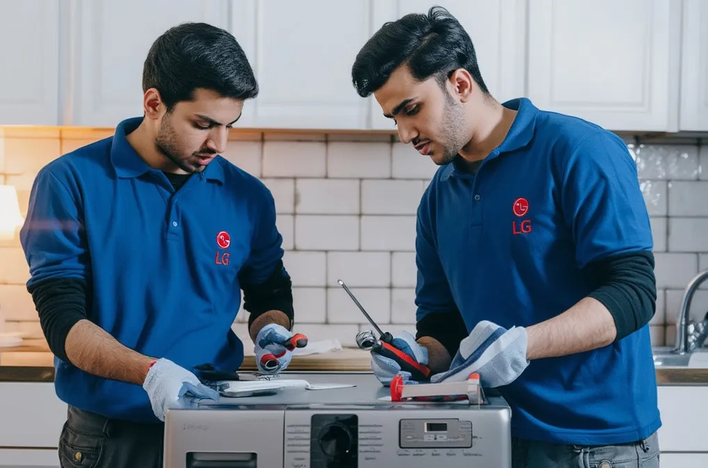 تصویر دو نفر از متخصصین در حال تعمیر صدای لباسشویی در شیراز تعمیرات